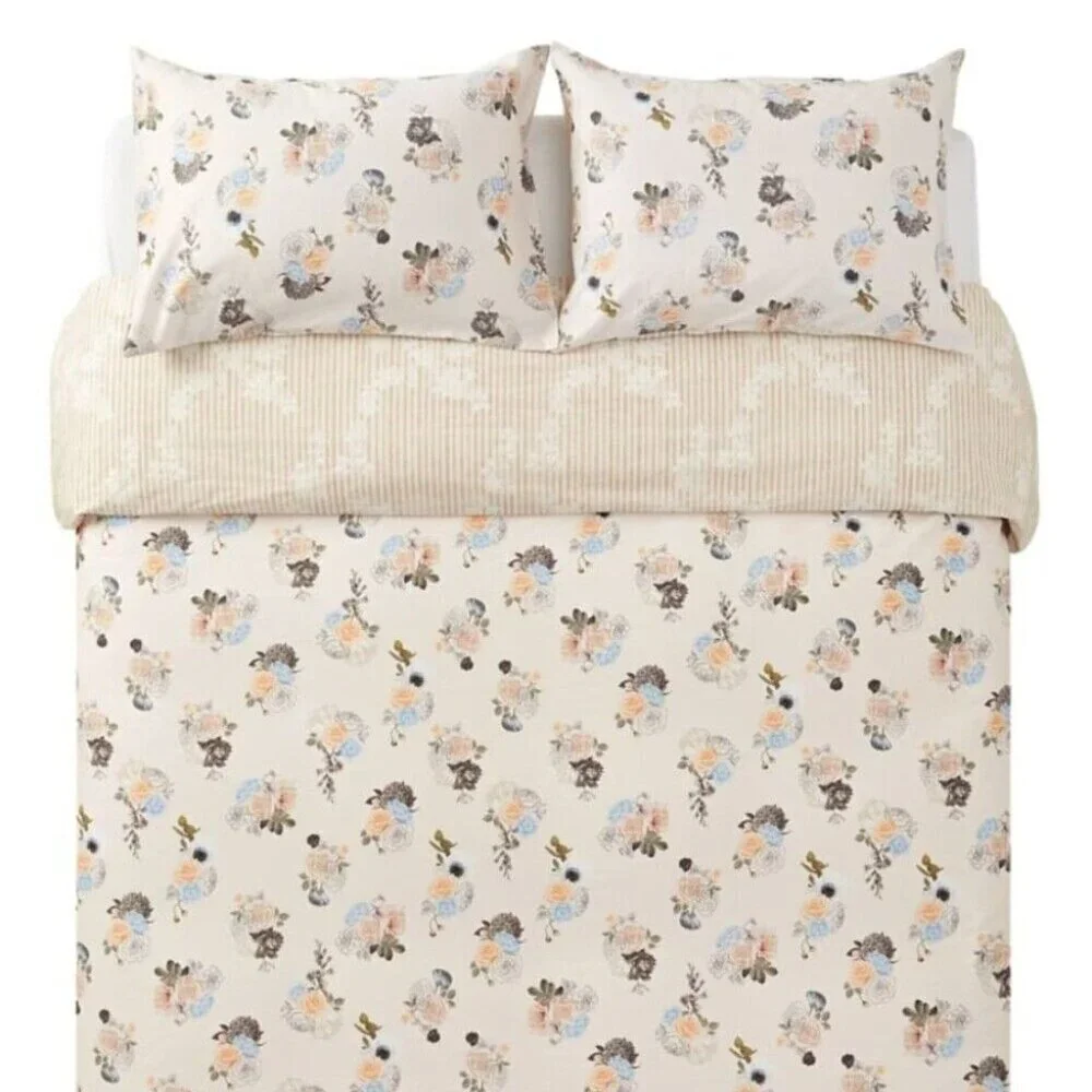 Christine Dovey Queen Vintage Floral Duvet Cover Set Off White Cotton Pastel